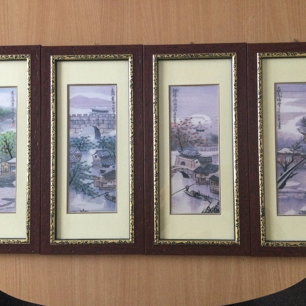 4 Pcs Vintage Chinese 4 season thread embroidery art handmade solid wood frame